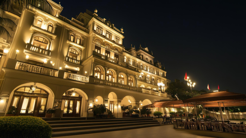 "Front view of Pearl Continental Hotel Lahore at night."