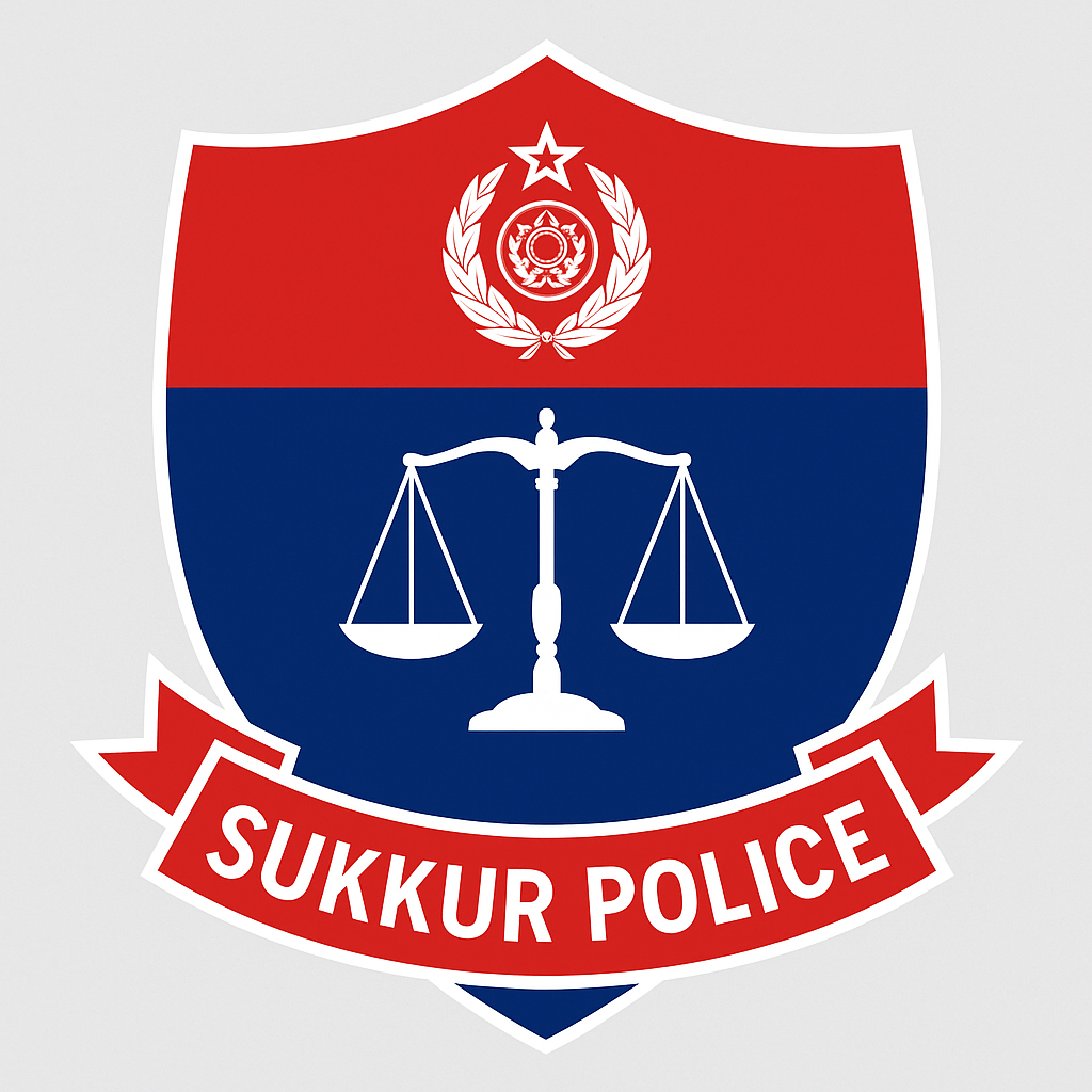 “Sukkur Police officers in uniform standing beside patrol vehicles, representing law enforcement and public safety in Sukkur city.”