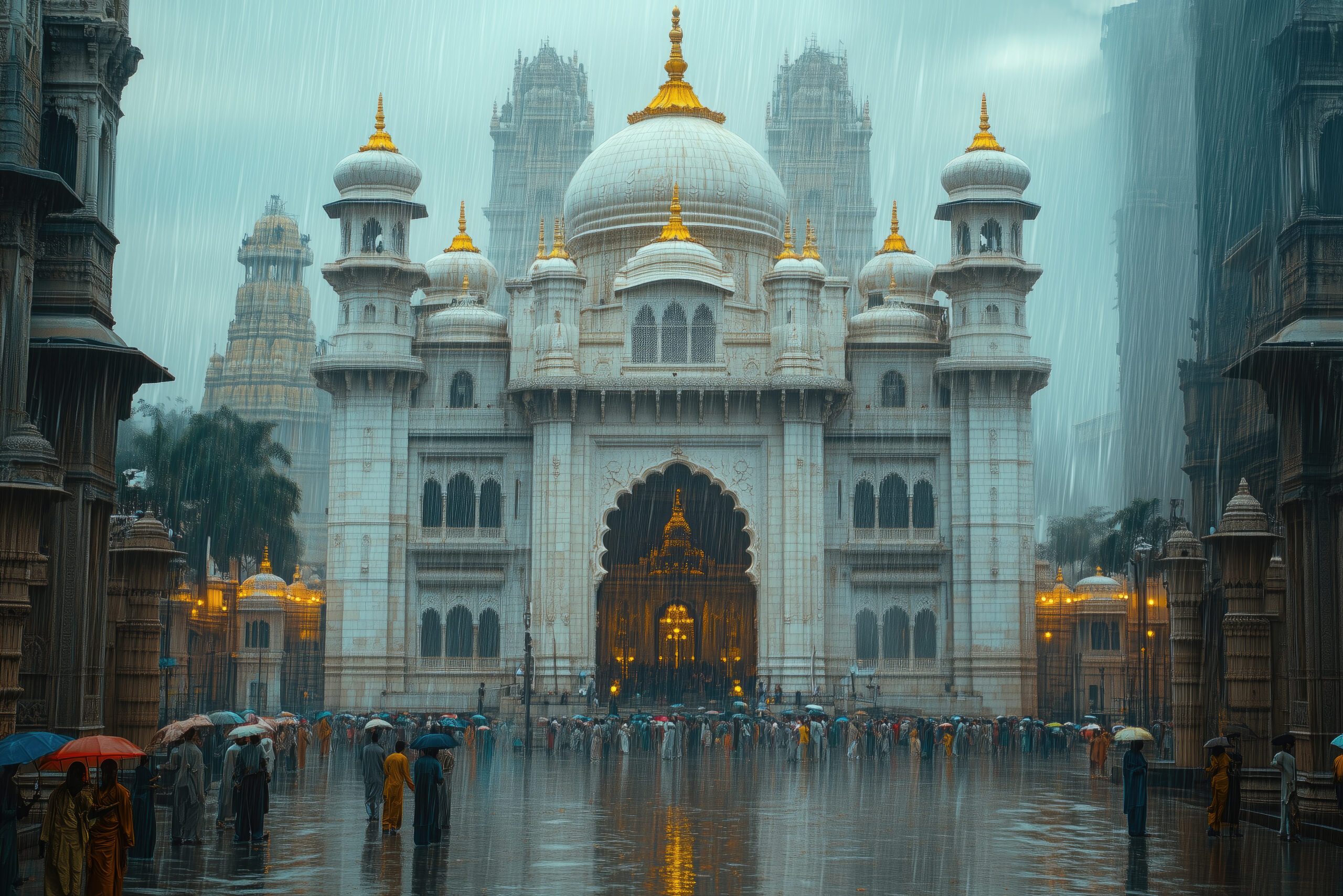 Rainy day, cinematic photograph of the grand architecture and exterior design of the Temple in Mumbai, India. The temple is made from white marble with intricate carvings on its domes and walls. It features tall spires, arched windows, and an ornate entrance that leads to a vast courtyard filled with people dressed in traditional Indian , including colorful silk saree robes. Photographed in the style of Perspective, multi layers, cinematic --ar 3:2 --stylize 750 --v 6.1 Job ID: 803df133-b05f-4119-8046-2ba1ed903839